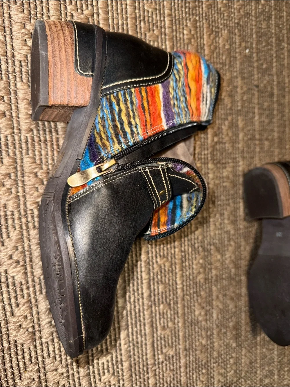 Black Gaetana Ankle Boots. Multicolored Knit Shaft. Boho, western, retro